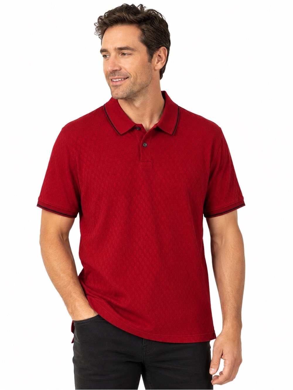 Ted Baker Men’s Polo Shirt Large Red 100% Cotton Textured Jacquard Short Sleeve